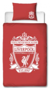 Sengetøj med Liverpool-motiv. Forsiden har klubbens store emblem og de klassiske røde farver på en enkel baggrund. Bagsiden vise